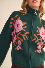 Load image into Gallery viewer, Evergreen Bloom Zip Up Floral Sweater