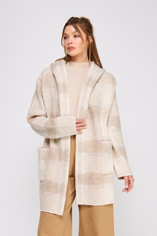 Frosted Plaid Hoodie Cardigan