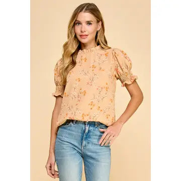 Apricot Rose Ruffled Neck Top