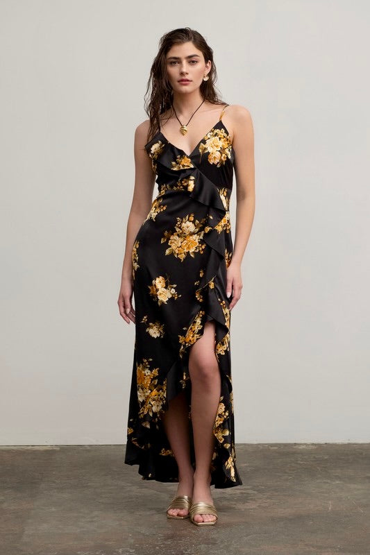 Night Fall Satin Ruffled Maxi Dress