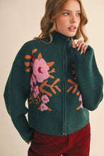 Load image into Gallery viewer, Evergreen Bloom Zip Up Floral Sweater
