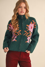 Load image into Gallery viewer, Evergreen Bloom Zip Up Floral Sweater
