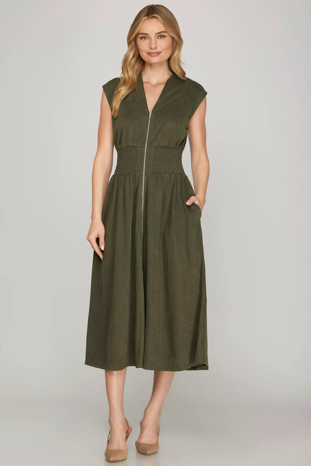 Olive Horizon Zip Front Dress